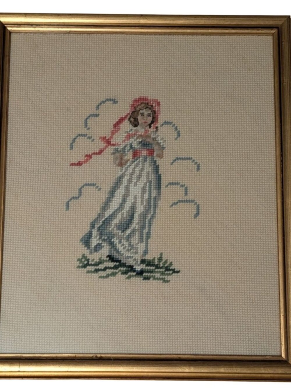 Framed Needlepoint Art "Pinkie & Blue Boy" Petit Point Embroidery Colonial Gold - Picture 3 of 16